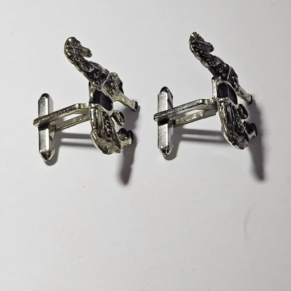 *Sale* Silver Tone With Black Saddled Horse Vintage Cufflinks